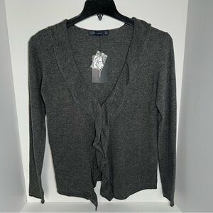 Zara Women Long Sleeve Ruffled Cardigan Hook and Eye Closure Brown Size L